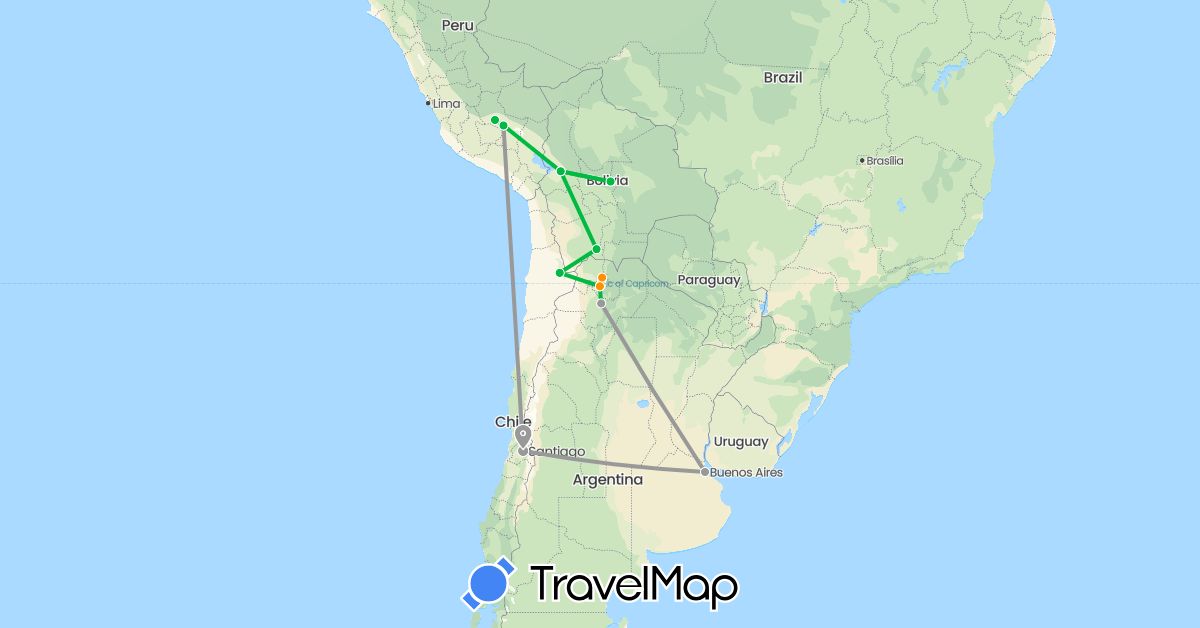 TravelMap itinerary: driving, bus, plane, hitchhiking in Argentina, Bolivia, Chile, Peru (South America)